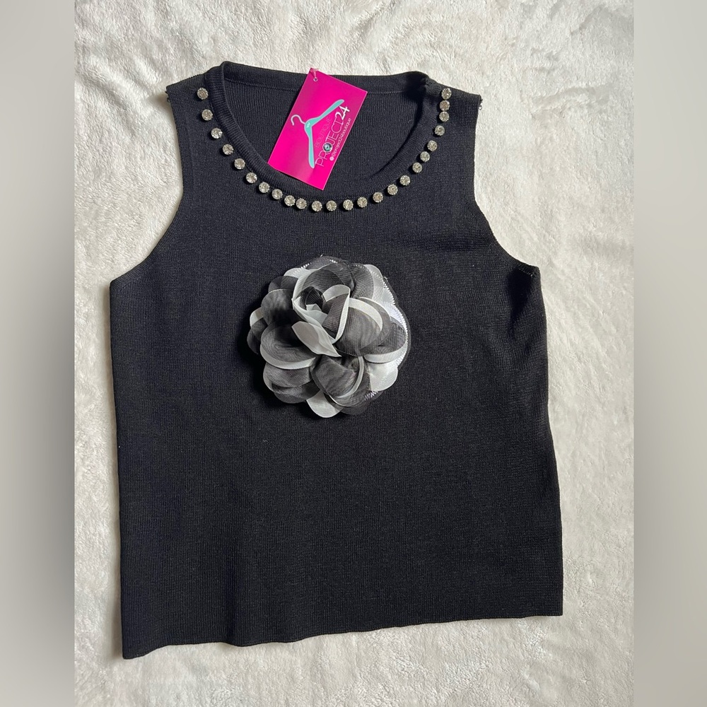 NWT Black blouse with embelishment and flower in middle